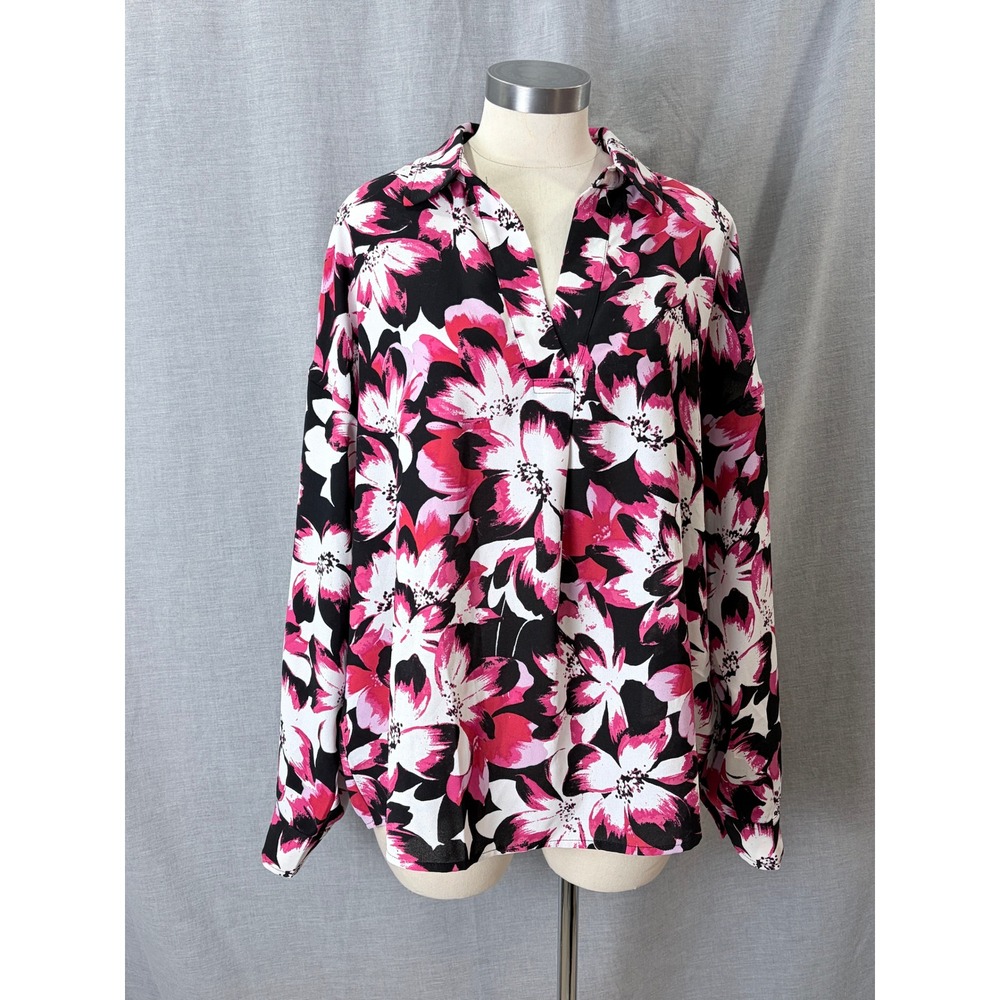 Rafaella Pink Black Floral Split Neck Long Sleeve Blouse Workwear Office XL
